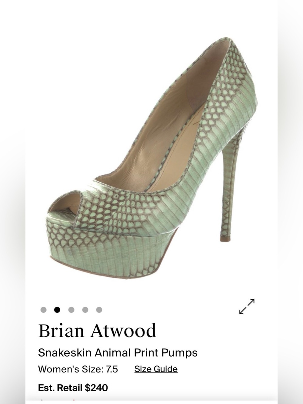Brian Atwood Mint Green Snakeskin Peep-Toe Platform Pump